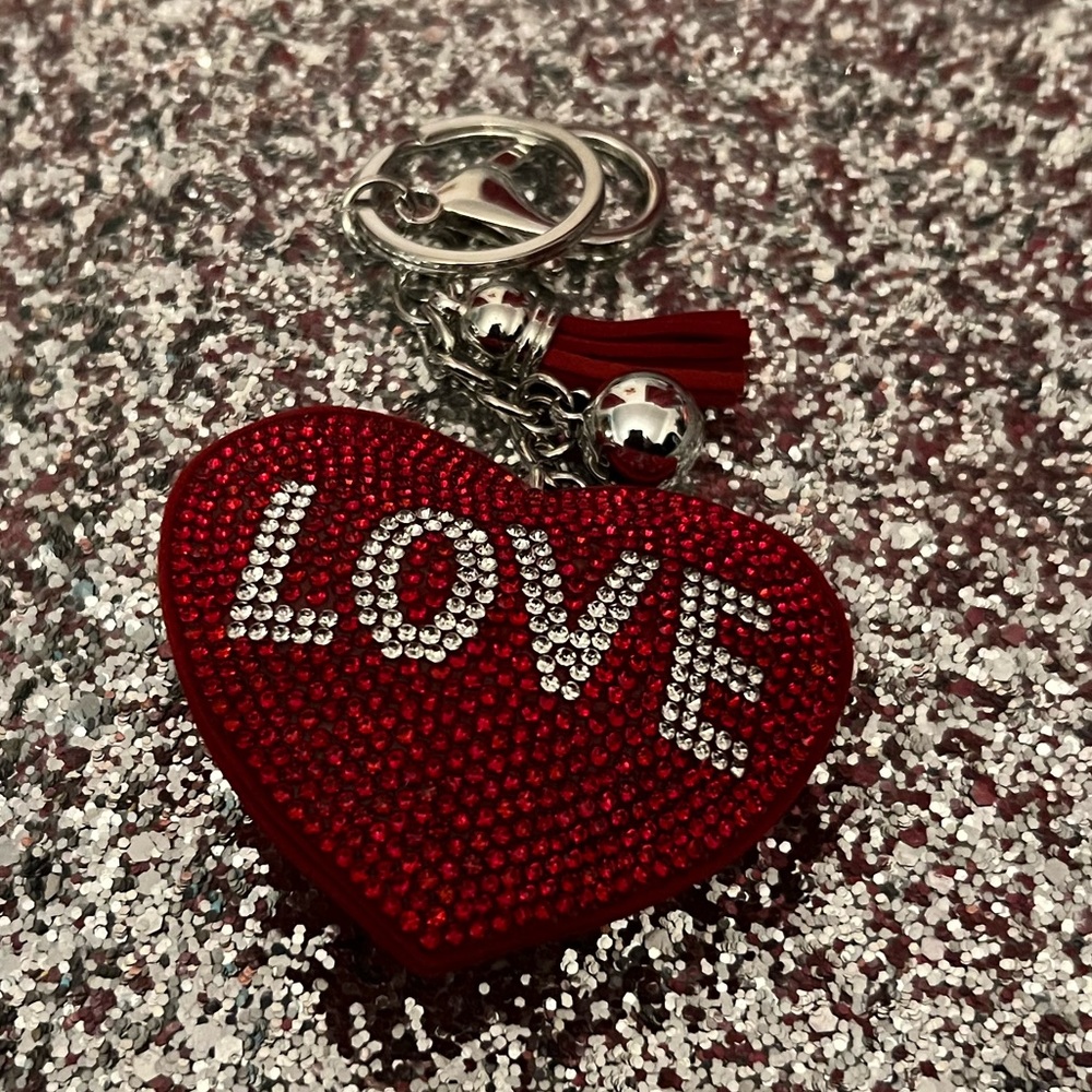 BLING RED HEART “LOVE” KEYCHAIN WITH TASSEL & SILVER BALL